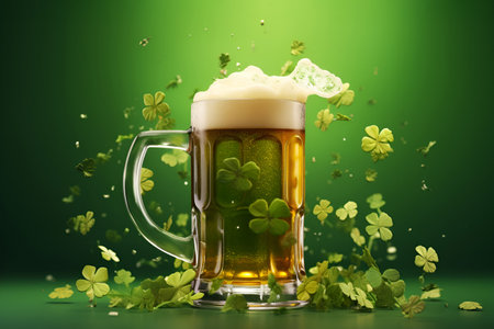 Glass of beer with lucky Irish four leaf clover on green background, Patricks Dayの素材