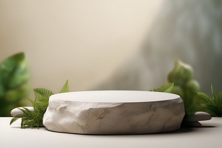 A circular stone podium adorned with green leaves on a light backgroundの素材