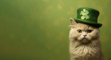 A red cat in a green leprechaun hat for St. Patricks Day, bannerの素材