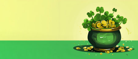 Illustration of a pot with gold coins and clover leaves, Patricks Day, bannerの素材