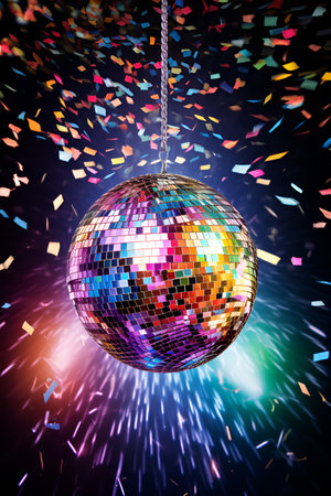 Glistening multicolored disco ball surrounded by confettiの素材