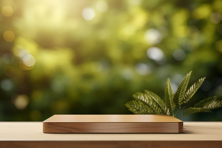 Wooden podium for product presentation, mockup, set against a natural background of green leavesの素材
