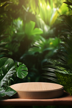 A wooden podium for showcasing products, mockup, situated against a backdrop of lush green leavesの素材