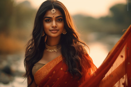 A woman from India dressed in a traditional sari and adorned with jewelryの素材
