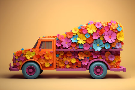 Spring flowers adorn the truck against a yellow backgroundの素材