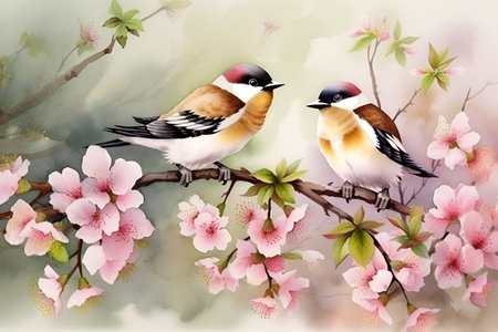 Birds perched on blooming spring branches of cherry blossoms (sakura)の素材