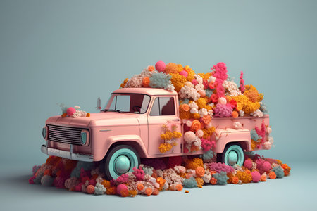 A depiction of a truck adorned with flowers set against a light backgroundの素材
