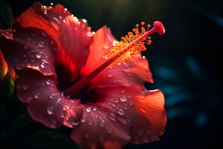 A dew-kissed red hibiscus blossomの素材