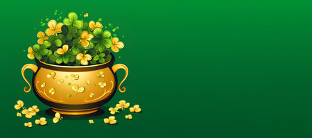 Pot with gold coins and clover leaves, Patricks Day, bannerの素材