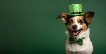 For St. Patricks Day, there's a dog wearing a top hat set against a green background, bannerの素材