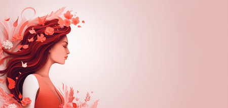 Young woman in flowers on pink background for Womens Day, bannerの素材
