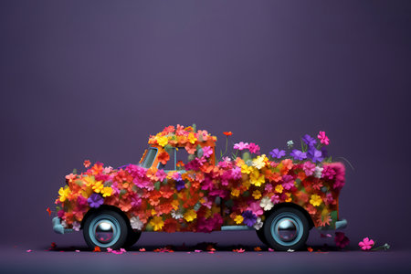 On a violet background, a truck is adorned with spring flowersの素材