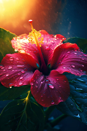 Red hibiscus flower in rain dropsの素材