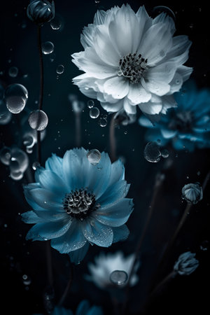 Exquisite blue spring flowers adorned with delicate raindropsの素材