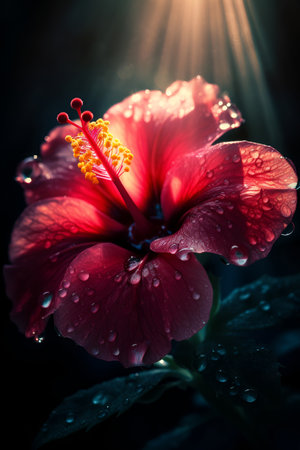 Under the sunlight, a red hibiscus flower glistens with raindropsの素材