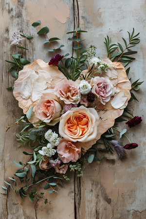 Heart with flowers on a light wooden background, Valentine's dayの素材