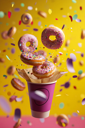 Donuts paired with a cup of coffee presented on a vibrant yellow backgroundの素材