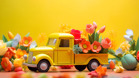 A miniature truck carrying an assortment of spring flowers, set against a cheerful yellow backgroundの素材