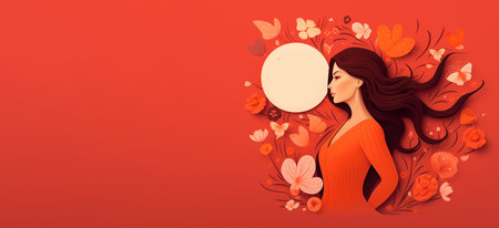 Young woman in flowers on a red background, Womens Dayの素材