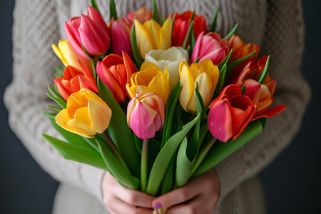 A woman, dressed in a light sweater, gracefully cradles a bouquet of tulips in her handsの素材