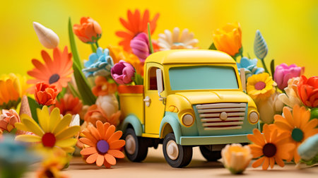 A miniature truck carrying an assortment of spring flowers, set against a cheerful yellow backgroundの素材