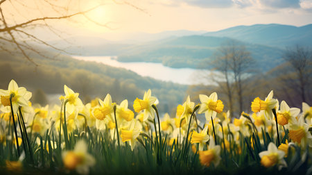 A field filled with vibrant yellow spring daffodils.の素材