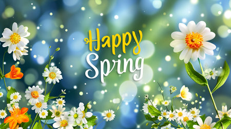 A vibrant blue background enriched with blossoming flowers, enhanced by the message "Happy Spring."の素材