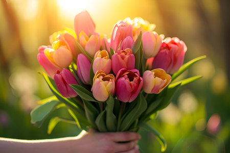 A bouquet of tulips in the hands of a woman on the natural background in the rays of the sunの素材