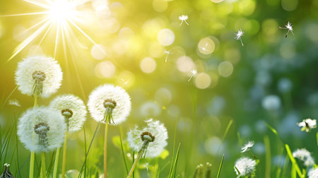 Airy dandelions scattered in the grass, basking in the sunlightの素材