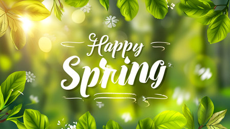 Lush green backdrop adorned with vibrant leaves, accompanied by the text "Happy Spring."の素材