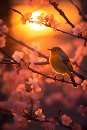 In springtime, a bird perches on a sakura tree adorned with blossomsの素材