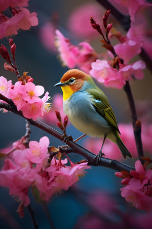 In springtime, a bird perches on a sakura tree adorned with blossomsの素材