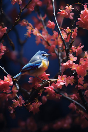 In springtime, a bird perches on a sakura tree adorned with blossomsの素材