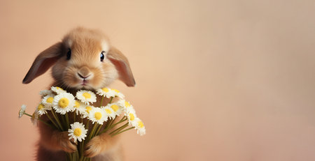 A small bunny holding a bunch of daisies, bannerの素材