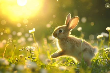 A tiny bunny in a sunlit meadow, surrounded by the vibrant hues of spring flowersの素材