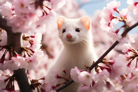 A white weasel between the branches of a pink blooming sakura, wildlifeの素材