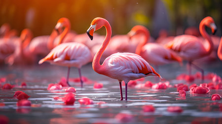 Flamingo immersed in aquatic surroundings, part of the wildlife sceneryの素材