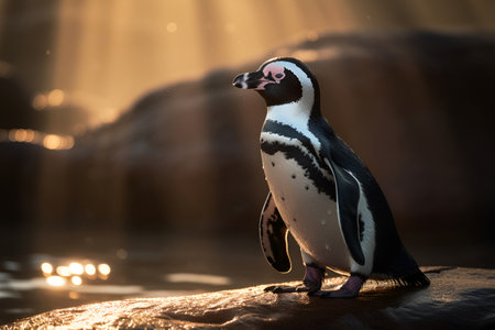 A penguin is standing on a stone in the rays of the sun, wildlifeの素材