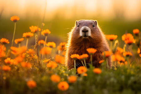 A groundhog in a meadow surrounded by blooming spring flowersの素材