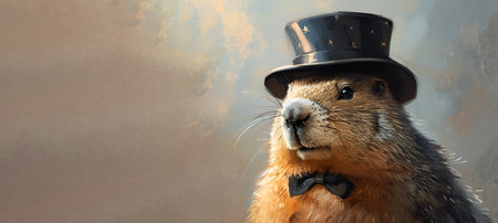 Painted marmot in top hat and tie, brown background, bannerの素材