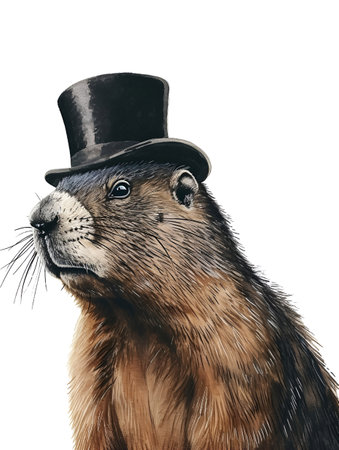 Marmot in a top hat on a white background, Groundhog Dayの素材