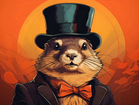 A marmot dressed in a top hat and tie, celebrating Groundhog Dayの素材