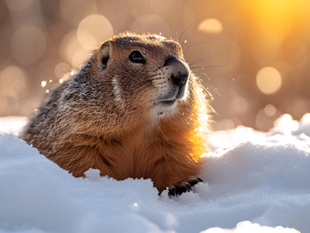 The marmot emerged from its burrow in the snowy terrain, Groundhog Dayの素材