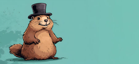 A groundhog in a top hat on a blue background, bannerの素材