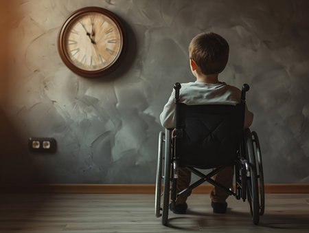 A small child in a wheelchair looks at a large clock, world cancer dayの素材