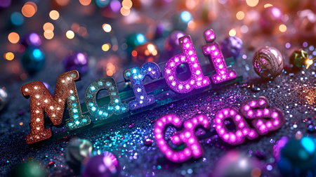 A vibrant backdrop for Mardi Gras festivities, adorned with shimmering glitter and colorful beadsの素材
