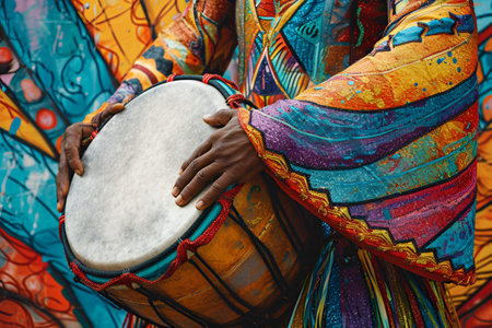 A vibrantly dressed African male drummer plays the drum, black history monthの素材
