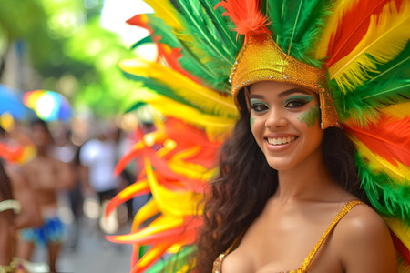 A woman dressed in a vibrant carnival costume with an elaborate headdress, mardi grasの素材