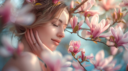 A beautiful young woman poses against a backdrop of delicate spring magnolia flowersの素材