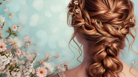 A beautiful festive hairstyle featuring flowers in a woman's hair, set against a blue backgroundの素材